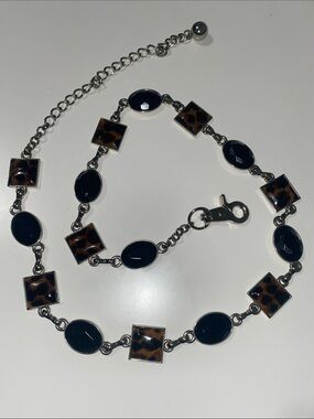 Vintage Animal Print and Black Gem Style Silver Tone Adjustable Chain Belt